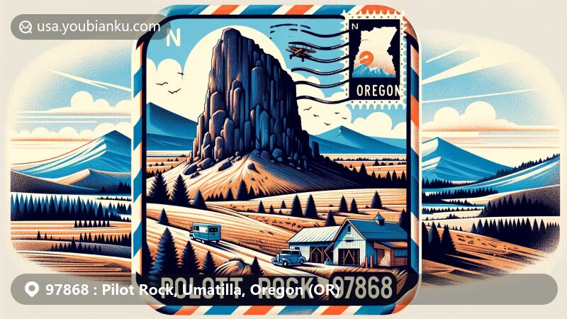 Modern illustration of Pilot Rock, Umatilla County, Oregon, highlighting iconic geological formation and Oregon Trail landmark, set against Blue Mountains backdrop, incorporating local community elements.
