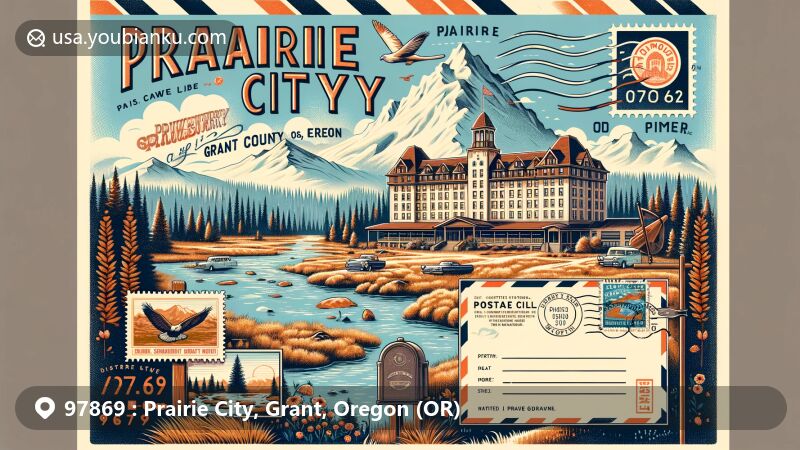 Modern illustration of Prairie City, Oregon, highlighting the Strawberry Mountain Range, the historic Hotel Prairie, and outdoor recreational elements, featuring postal theme with ZIP code 97869.