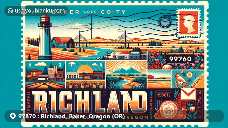 Modern illustration of Richland, Baker County, Oregon, highlighting postal theme with ZIP code 97870, showcasing distinctive landscapes, dry hot climate, and small-town charm, featuring postal motifs in a contemporary style.
