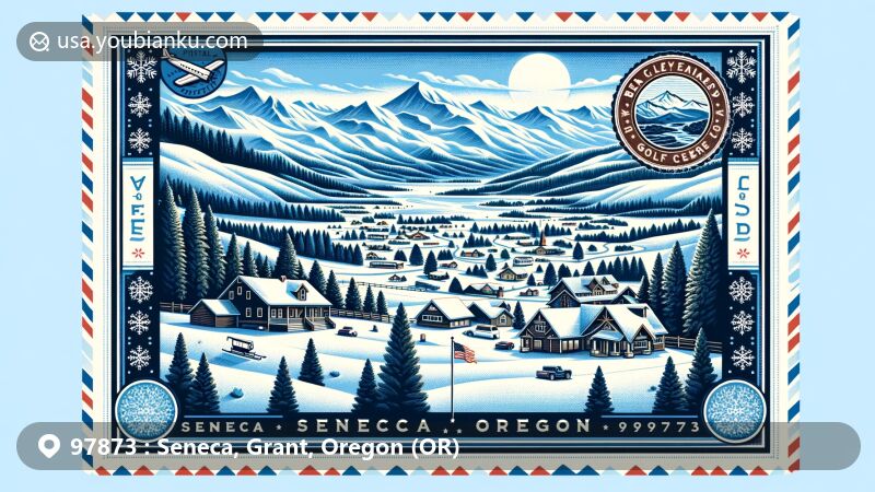 Modern illustration of Seneca, Grant County, Oregon, depicting charming small town vibe and extreme cold weather, set in scenic Bear Valley near Blue Mountain Range.
