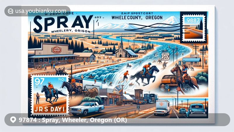 Modern illustration of Spray, Wheeler County, Oregon, showcasing postal theme with ZIP code 97874, featuring John Day River, annual half marathon and rodeo event, Oregon Route 19 and 207 signs, seasonal changes, and state flag stamp.
