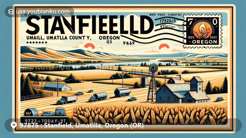 Modern illustration of Stanfield, Umatilla County, Oregon, resembling a postcard with agricultural scenes of wheat, potatoes, and corn fields under a semi-arid climate, incorporating postal elements like a vintage-style stamp with the Oregon state flag and a postmark displaying ZIP Code 97875 and symbols for Umatilla National Wildlife Refuge, Columbia River, and Blue Mountains.
