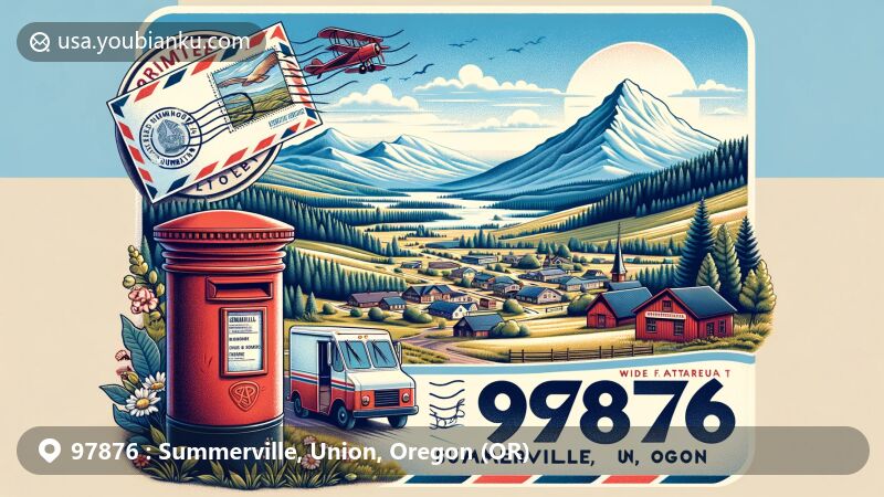 Wide-format illustration of Summerville, Union County, Oregon, featuring the Grande Ronde Valley and Blue Mountains, with a postal theme showcasing a vintage airmail envelope, red mailbox, and postal van.