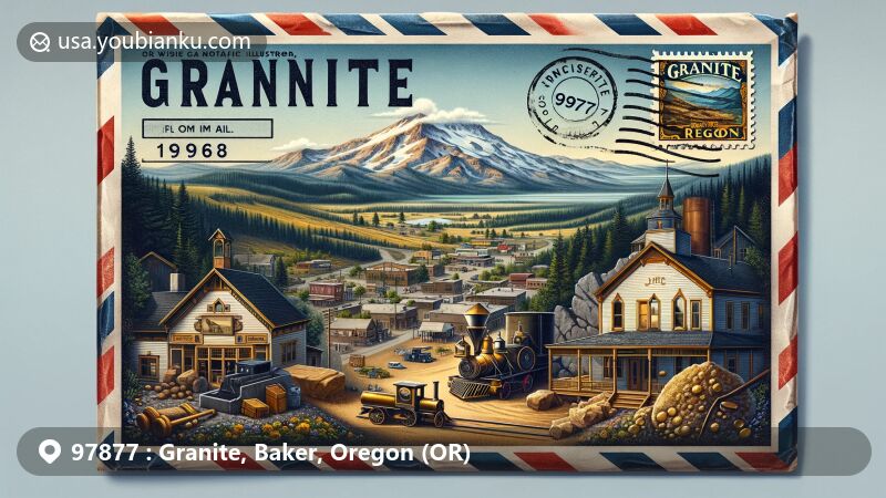 Illustration of Granite, Oregon, showcasing gold mining heritage and natural beauty, set on a vintage air mail envelope with ZIP code 97877, featuring Blue Mountains backdrop, historical buildings, and gold mining elements.