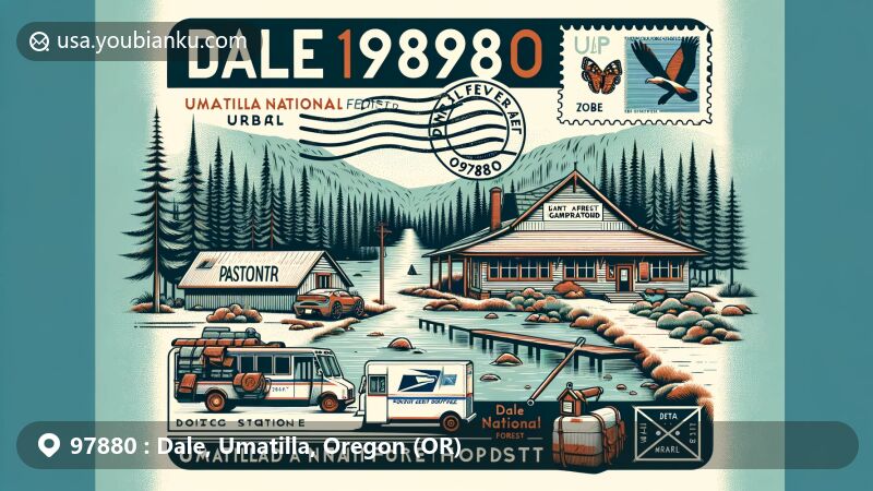 Modern illustration of Dale, Oregon, in ZIP code 97880, within Umatilla National Forest, featuring Dale Service Station, Umatilla National Forest, and Ukiah-Dale State Forest Campground.