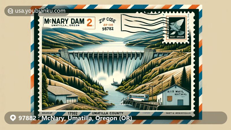 Modern illustration of McNary Dam, Umatilla County, Oregon, showcasing postal theme with vintage airmail envelope, stamp of the dam, and ZIP code 97882, set against Oregon's scenic backdrop of rolling hills and the Columbia River.