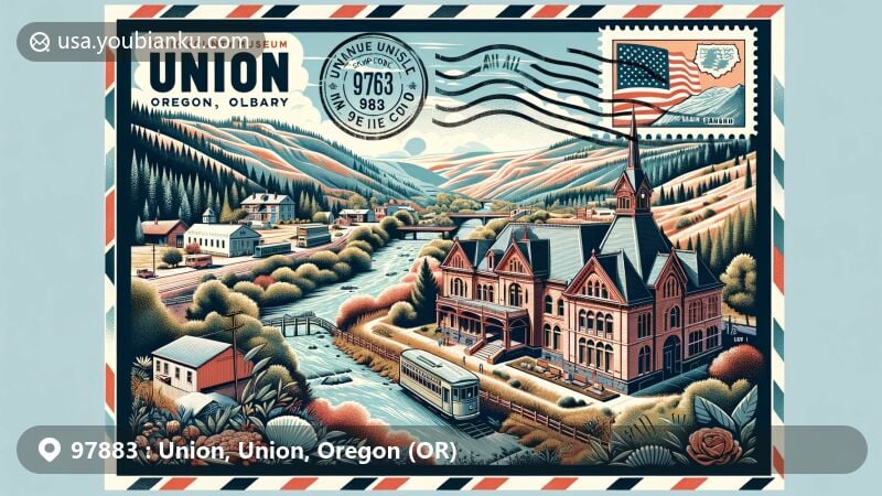 Modern illustration of Union, Oregon, showcasing Union County Museum and Union Carnegie Public Library against scenic landscape and rich cultural history.