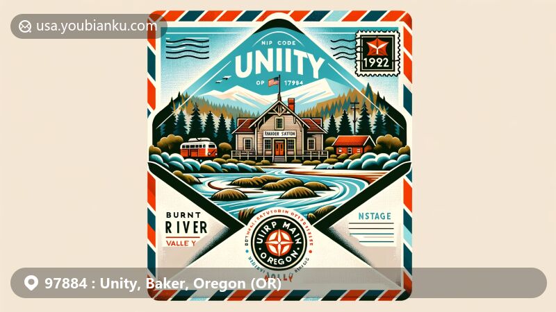 Modern illustration of Unity, Baker County, Oregon, capturing the essence of ZIP code 97884, featuring Burnt River Valley, Unity Ranger Station, vintage air mail envelope design with postal elements.