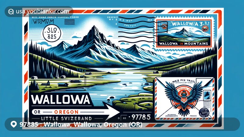 Modern illustration of Wallowa, Oregon area with ZIP code 97885, featuring airmail envelope, Wallowa Mountains silhouette, and Nez Perce tribe elements, set against majestic mountain backdrop.
