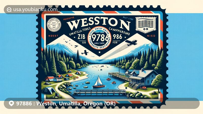 Modern illustration of Weston, Oregon, with airmail envelope showcasing postal code 97886, highlighting Umatilla Forks Campground by Umatilla River forks, emphasizing natural beauty and outdoor activities like fishing and hiking.