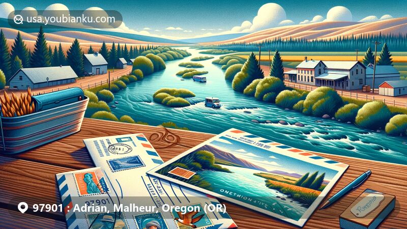 Modern illustration of Adrian, Malheur County, Oregon, highlighting the confluence of Snake River and Owyhee River, symbolizing the unique geographical location, featuring a vintage airmail envelope partially open with a postcard depicting Adrian, capturing the lush landscapes and farmlands around the confluence, symbolizing the town's natural beauty and agricultural heritage, with postage stamps and postmarks, prominently displaying ZIP Code 97901, adorned with classic mailboxes and mail delivery truck, hinting at the town's connectivity and the importance of postal services, vibrant colors of blue and green reflecting the natural environment, warm tones on postal elements evoke a nostalgic yet fresh feeling.