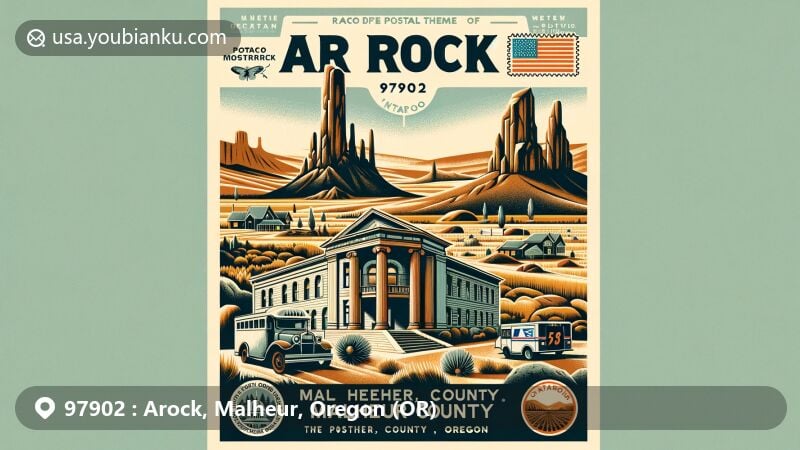 Modern illustration of Arock, Malheur County, Oregon, showcasing desert landscape with Pillars of Rome, Malheur County Courthouse in Vale, and iconic Ontario landmark.