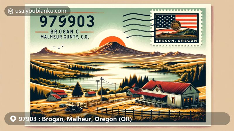 Modern illustration of Brogan, Malheur County, Oregon, featuring tranquil reservoir and rural charm, incorporating Oregon state symbols like the state flag.