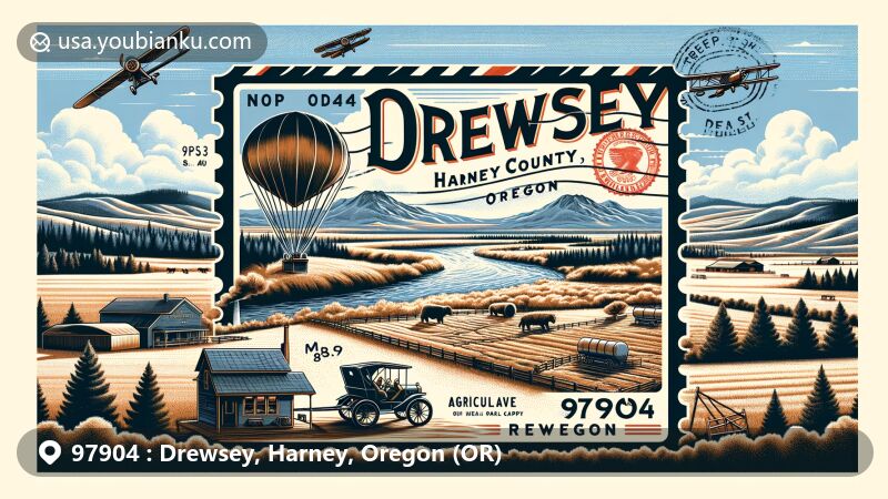 Vibrant illustration of Drewsey, Harney County, Oregon, with Malheur River and postal theme, showcasing rural community vibe, agriculture, four-season climate, and local economy, emphasizing ZIP code 97904.
