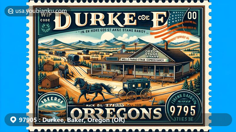 Modern illustration of Durkee, Oregon, 97905, showcasing Oregon Trail history and placer mining, with Wells Fargo stage station representing Express Ranch. Baker County scenery with Oregon state flag stamp, highlighting postal heritage.
