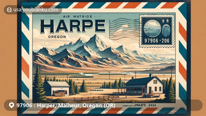 Modern illustration of Harper, Oregon, incorporating ZIP code 97906 on a vintage airmail envelope, showcasing Owyhee mountain range and Harper post office. Includes classic postal elements like Oregon state flag stamp and dated postmark.