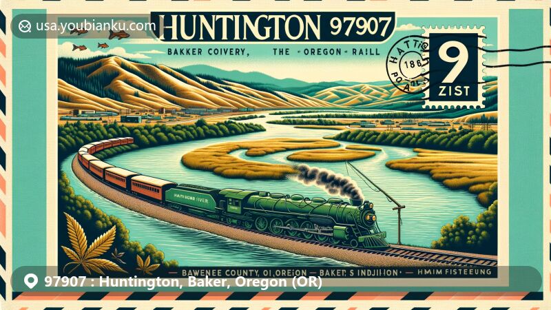 Modern illustration of Huntington, Baker County, Oregon, showcasing Snake River, Brownlee Reservoir, fishing culture, railroad history, Oregon Trail, marijuana dispensaries, and vibrant landscapes.