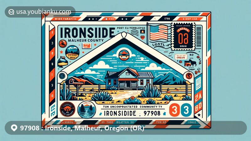 Modern illustration of Ironside, Malheur County, Oregon, with postal theme featuring ZIP code 97908, showcasing local charm and iconic Oregon elements like the state flag. The design highlights the semi-arid climate and off-the-beaten-path vibe.