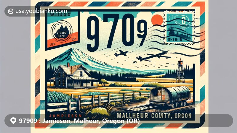 Creative illustration of Jamieson, Malheur County, Oregon, reflecting ZIP code 97909, featuring rural landscape with an abandoned building, Oregon state flag, Malheur County outline, stamp, postmark, and postal elements.