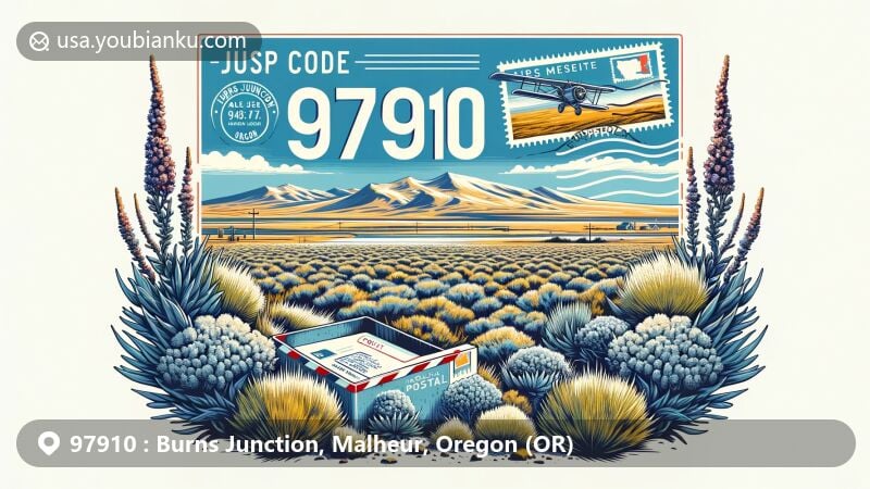 Modern illustration of Burns Junction, Malheur County, Oregon, capturing the essence of ZIP code 97910 with a contemporary artistic flair. Depicts the semi-arid climate, sagebrush, and vast high desert landscapes of Oregon.