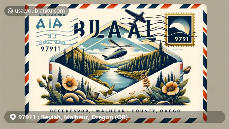 Modern illustration of Beulah Reservoir and Beulah Hot Springs in Malheur County, Oregon, featuring tranquil natural beauty, integrated with elements of the Oregon state flag and postal theme with ZIP code 97911.