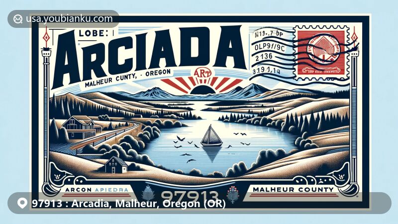 Modern illustration of the Arcadia area in Malheur County, Oregon, featuring Arcadia Lake, the state flag of Oregon, and the outline of Malheur County, with vintage postal elements including a postage stamp, airmail envelope border, and postmark.