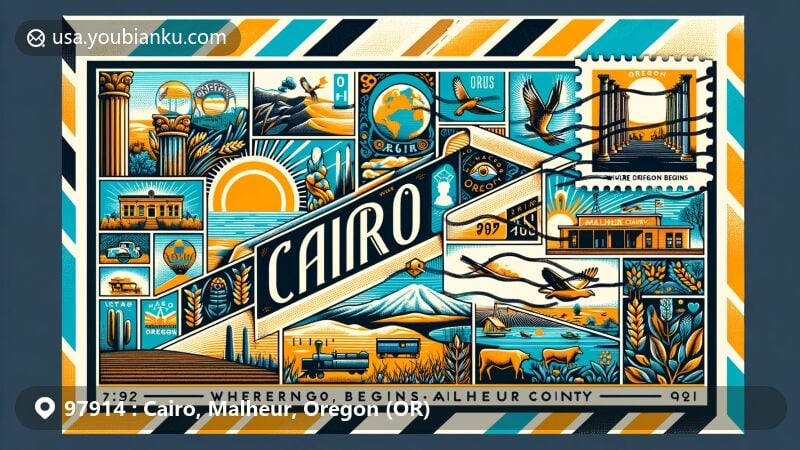 Modern illustration of Cairo, Malheur County, Oregon, showcasing postal theme with ZIP code 97914, featuring iconic airmail envelope, postmarks, and stamp, along with Pillars of Rome, high desert landscape, and agricultural references.