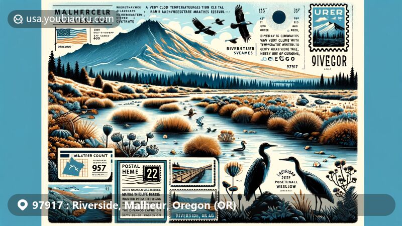 Modern illustration of Riverside, Malheur County, Oregon, with postal theme inspired by ZIP code 97917, featuring South Fork Malheur River, Malheur National Wildlife Refuge, and Diamond Craters volcanic field.