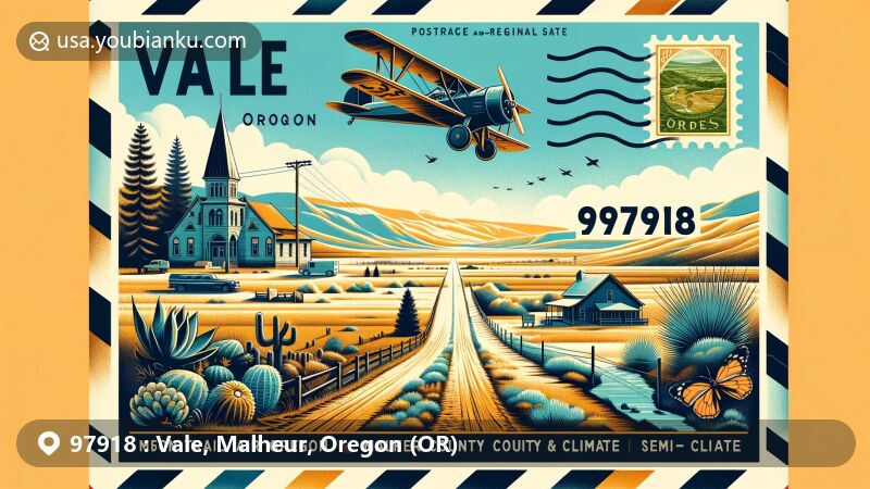 Vintage-style illustration representing Vale, Oregon's ZIP code 97918, featuring a postal theme with an air mail envelope displaying the ZIP code. Includes elements of the Oregon Trail and Malheur County Courthouse, set against a backdrop of Vale's semi-arid landscape and clear skies.