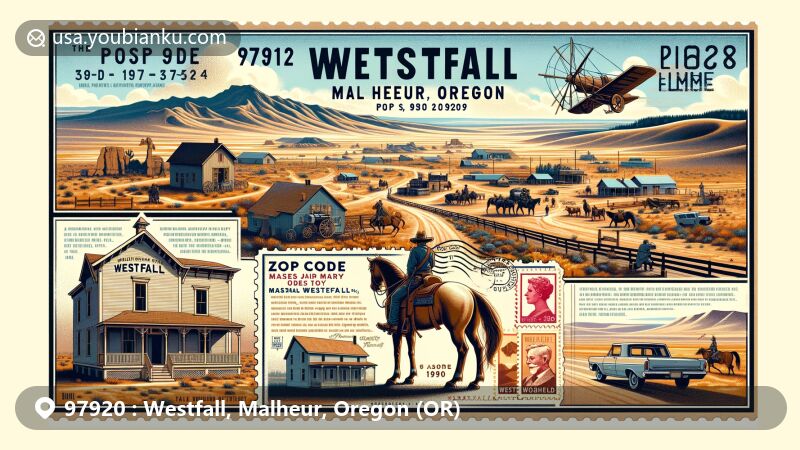 Modern illustration of Westfall, Malheur, Oregon, capturing the town's historical and geographical essence, featuring the desert landscape, 1912 gunfight, Moses and Mary Hart Stone House, and postal theme with ZIP code 97920.