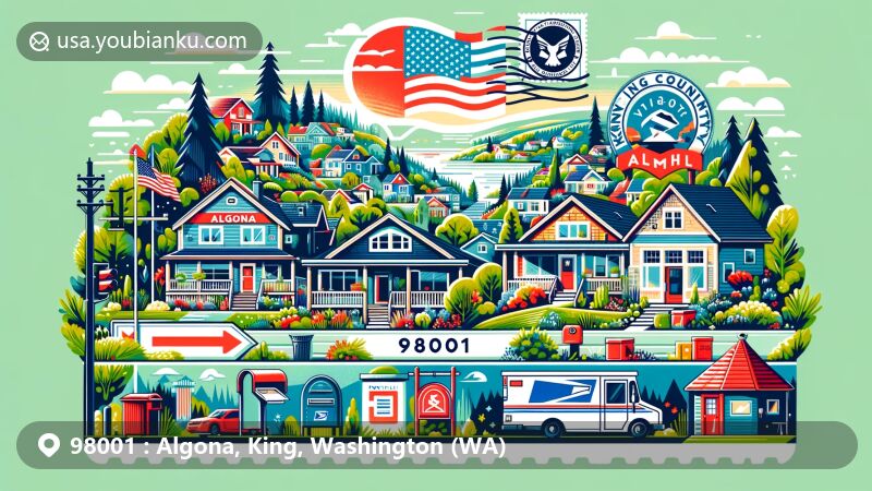 Modern illustration of Algona, King County, Washington, showcasing postal theme with ZIP code 98001, featuring residential community scene and green spaces, including air mail elements, postal symbols, King County emblem, and Washington state flag.