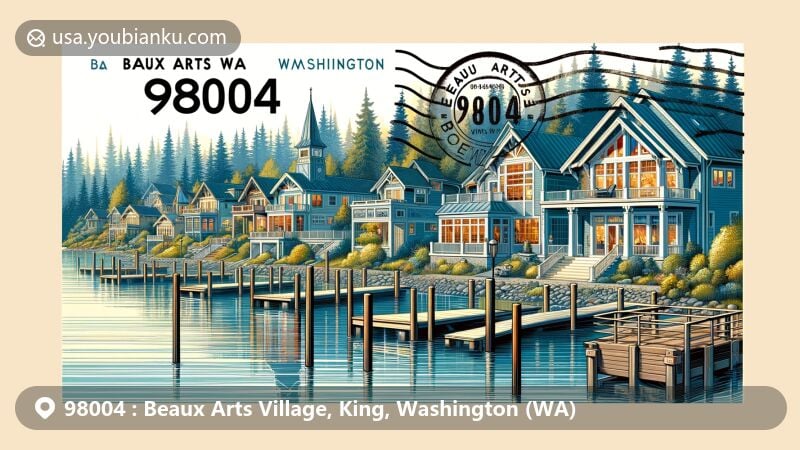 Modern illustration of Beaux Arts Village, King County, Washington, blending historical and contemporary architecture by Lake Washington, capturing the essence of its artist colony past and lakeside residences, featuring a unique postal theme with ZIP code 98004.