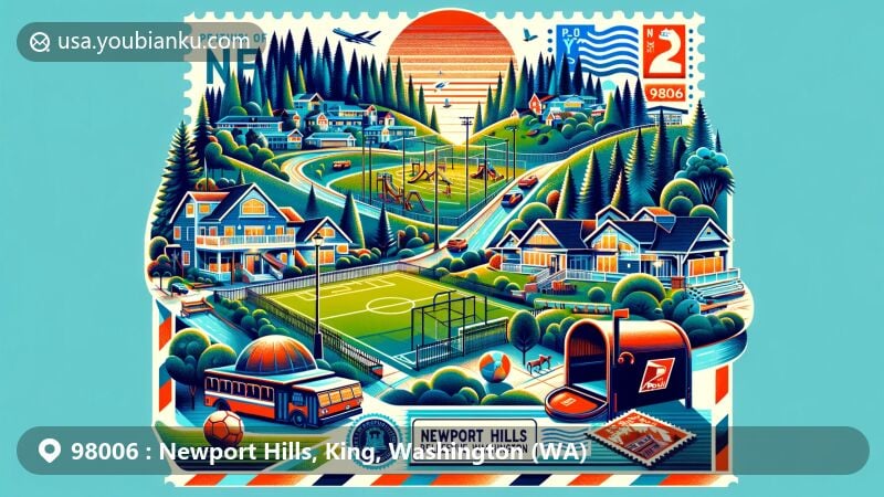 Modern illustration of Newport Hills, Bellevue, Washington, with postal theme, showcasing Woodlawn Park, playground, forest trails, and soccer field under ZIP Code 98006, featuring state flag.