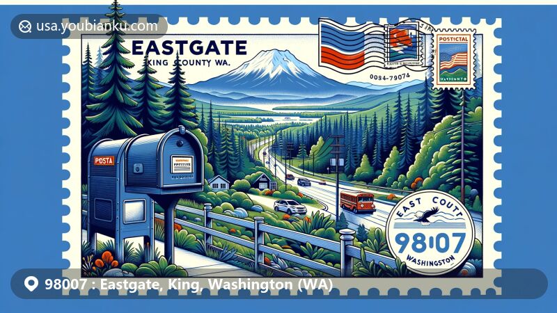 Modern illustration of Eastgate, King County, Washington, portraying lush forests and rolling hills of the Pacific Northwest with postal theme including ZIP code 98007 and state symbols.