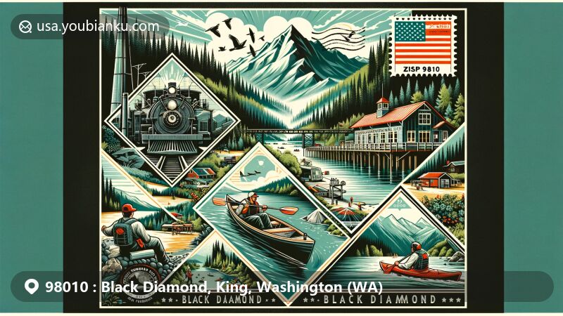 Modern illustration of Black Diamond, King County, Washington, capturing the natural beauty and historical charm of the area, featuring the Black Diamond Depot, lush forests, mountain views, and postal theme with ZIP code 98010.