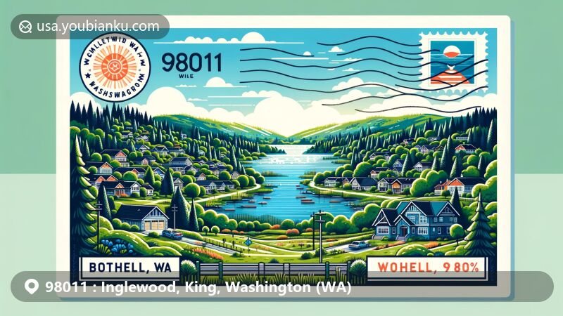 Modern illustration of Inglewood-Finn Hill, Bothell, Washington, featuring lush greenery and water bodies, with Washington state flag stamp and 'Bothell, WA 98011' postmark.