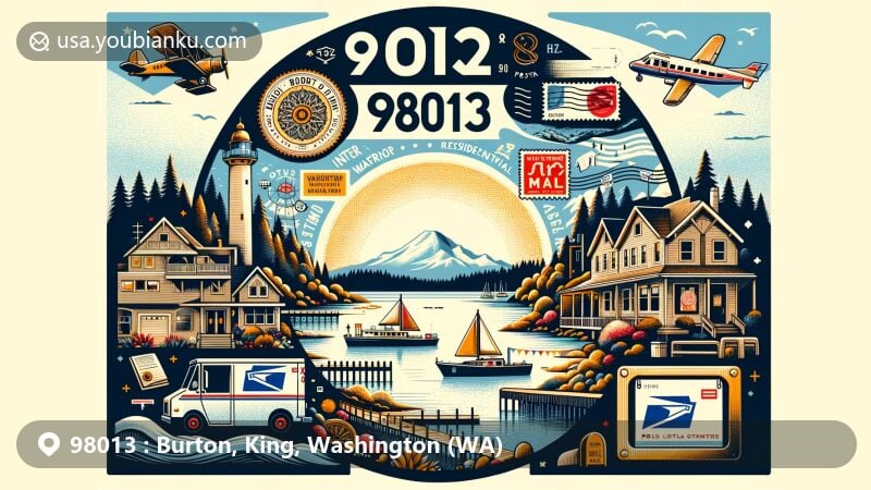 Modern illustration of Burton, King County, Washington State, featuring ZIP code 98013, highlighting historic waterfront residential character on Vashon Island, rural landscape with Mount Rainier views, and postal theme with vintage postcard design and postal elements.