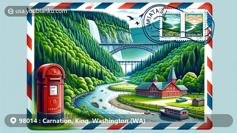 Modern illustration of Carnation, Washington, ZIP code 98014, blending postal elements with natural beauty of Snoqualmie Valley. Features Tolt MacDonald Park, dairy farm, and heritage bridge over Snoqualmie River.