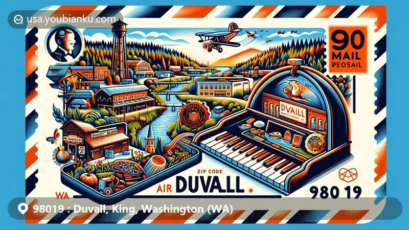 Modern illustration of Duvall, King County, Washington, with a postal theme for ZIP code 98019, featuring Piano Drop event, Grateful Bread building, Duvall Park, Snoqualmie River, logging history, and Dougherty Farmstead.