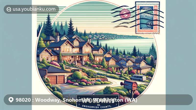 Modern illustration of Woodway, Snohomish County, Washington, with postal theme showcasing Puget Sound, affluent residential area, vintage postage elements, and custom air mail envelope with 'Woodway, WA 98020' postmark.