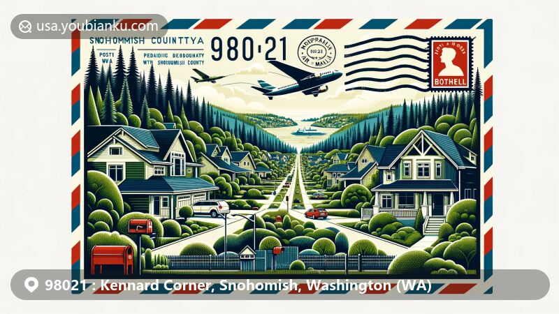 Modern illustration of Bothell, Snohomish County, Washington, featuring ZIP code 98021 with air mail envelope design integrating lush green vegetation and residential areas representing the area's demographic, combined with postal elements like stamp, postmark, and mailbox.