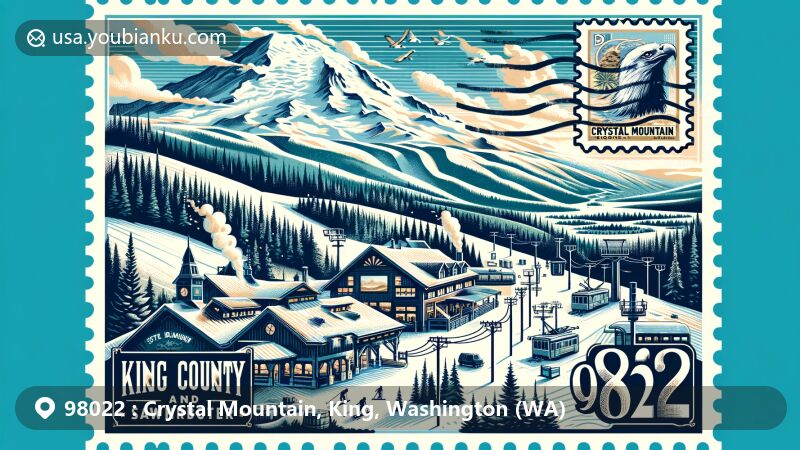 Modern illustration of Crystal Mountain, King County, Washington, highlighting postal theme with ZIP code 98022, showcasing snow-covered slopes, ski lifts, and the Snorting Elk Cellar.