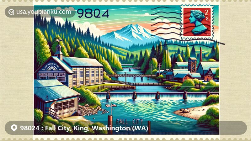 Modern illustration of Fall City, King County, Washington, representing postal code 98024, featuring Snoqualmie River, Fall City Hop Shed, and lush greenery, with vintage postcard elements.