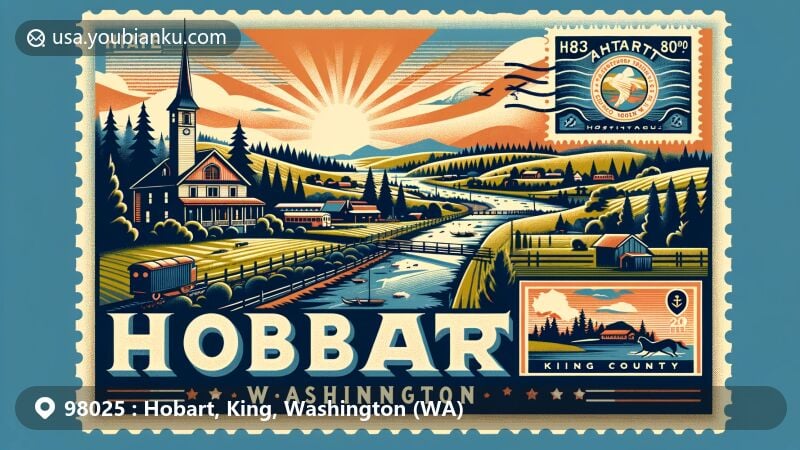 Modern illustration of Hobart, Washington, featuring ZIP code 98025, showcasing rural landscapes and Cedar River, with state flag and vintage postage stamp incorporating King County map.
