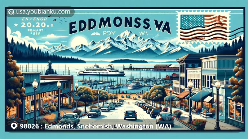Modern illustration of Edmonds, Snohomish County, Washington, displaying postal theme with ZIP code 98026, featuring Puget Sound, Olympic Mountains, downtown streets, Edmonds Ferry, vintage postcard border, postmark, and walkable waterfront town characteristics.