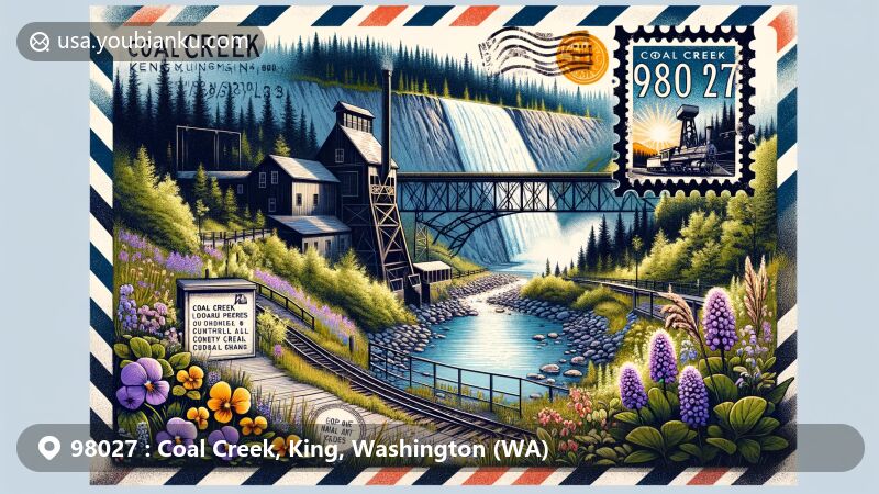 Modern illustration of Coal Creek area in King County, Washington, capturing the tranquil beauty of Coal Creek Park, integrating coal mining history elements, vibrant wildflowers, and North Creek Falls.