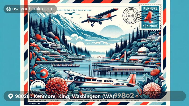 Modern illustration of Kenmore, Washington, showcasing ZIP code 98028 area with Saint Edward State Park, Sammamish River, and Kenmore Air Harbor seaplane.