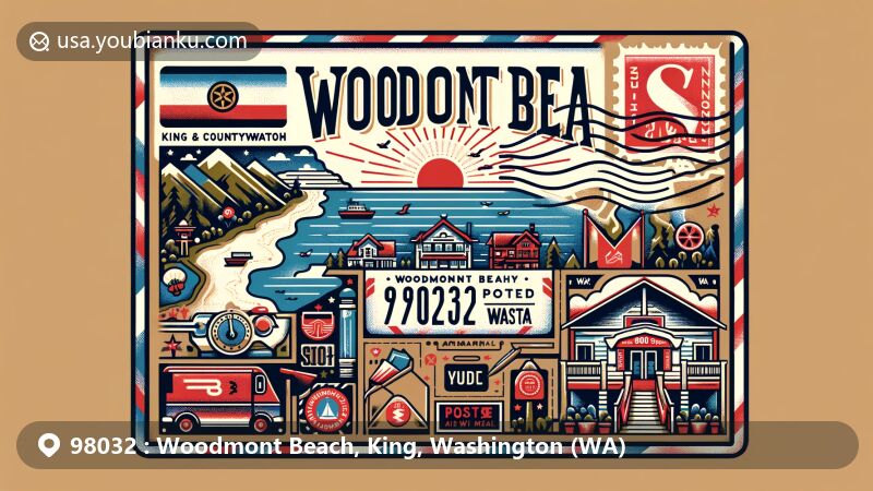 Illustration of Woodmont Beach in King County, Washington, featuring ZIP code 98032, with postcard and air mail theme, showcasing iconic landmarks, Washington state flag, stamps, postmark, and postal elements.
