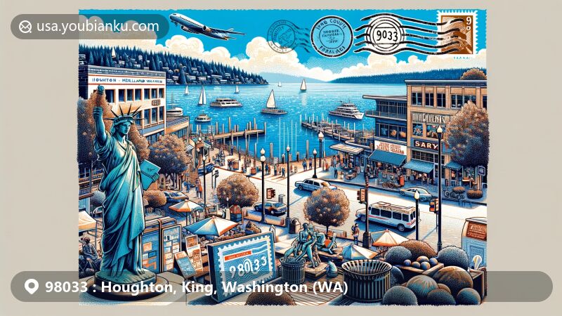 Modern illustration of Houghton, Kirkland, King County, Washington, highlighting vibrant downtown waterfront along Lake Washington with restaurants, art galleries, public parks, and iconic bronze sculptures.