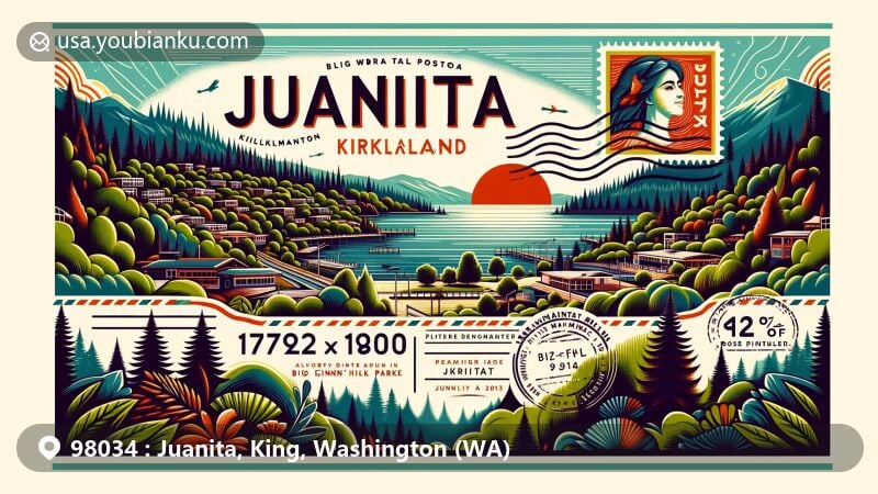 Modern illustration of Big Finn Hill Park in Juanita, Kirkland, Washington, featuring natural beauty, extensive trails, vintage air mail envelope, postal marks, stamp with Lake Washington, and ZIP code 98034.